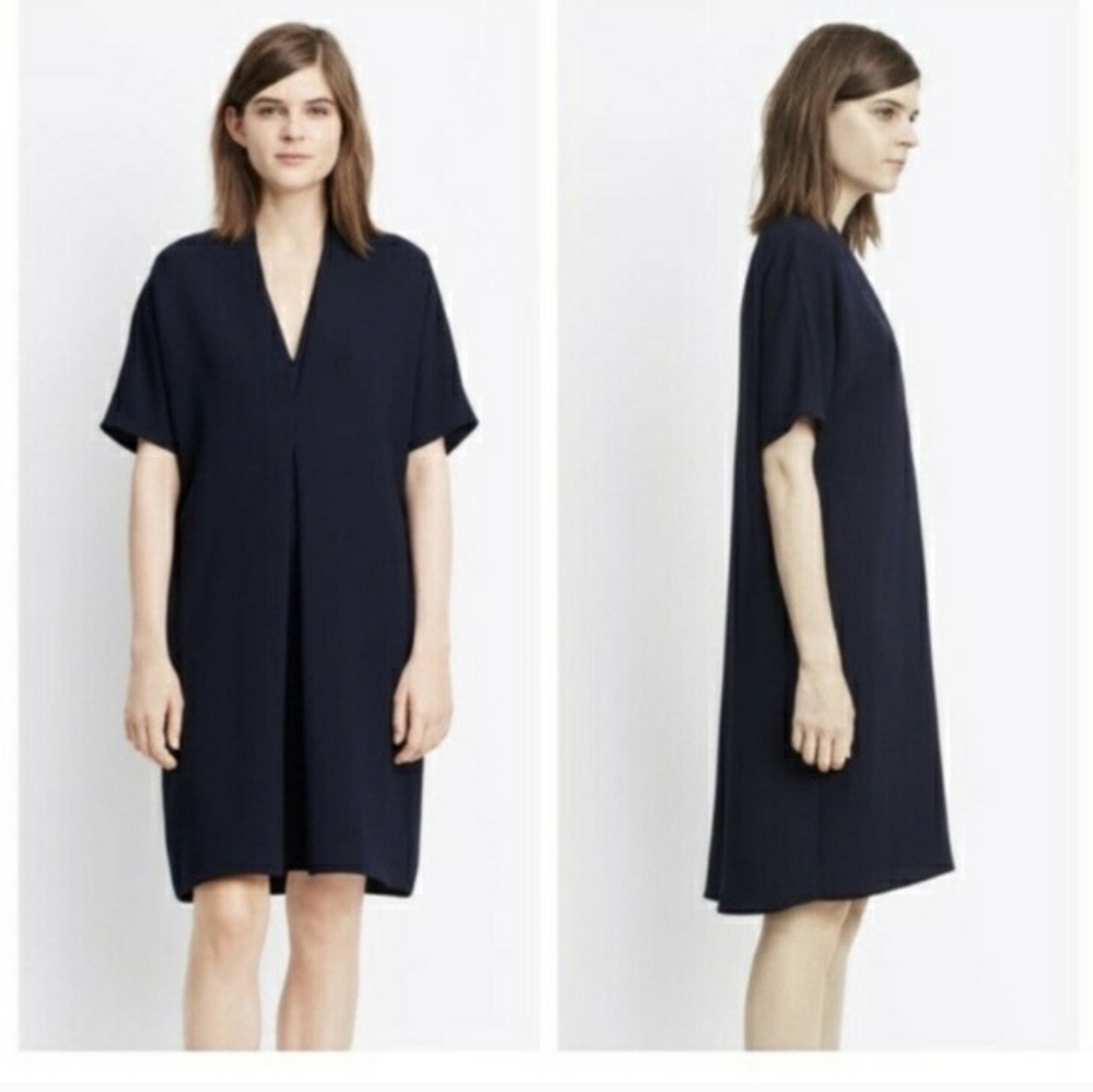 VINCE S  Double V Inverted Pleated Drop Shoulder Shift Dress - BLACK